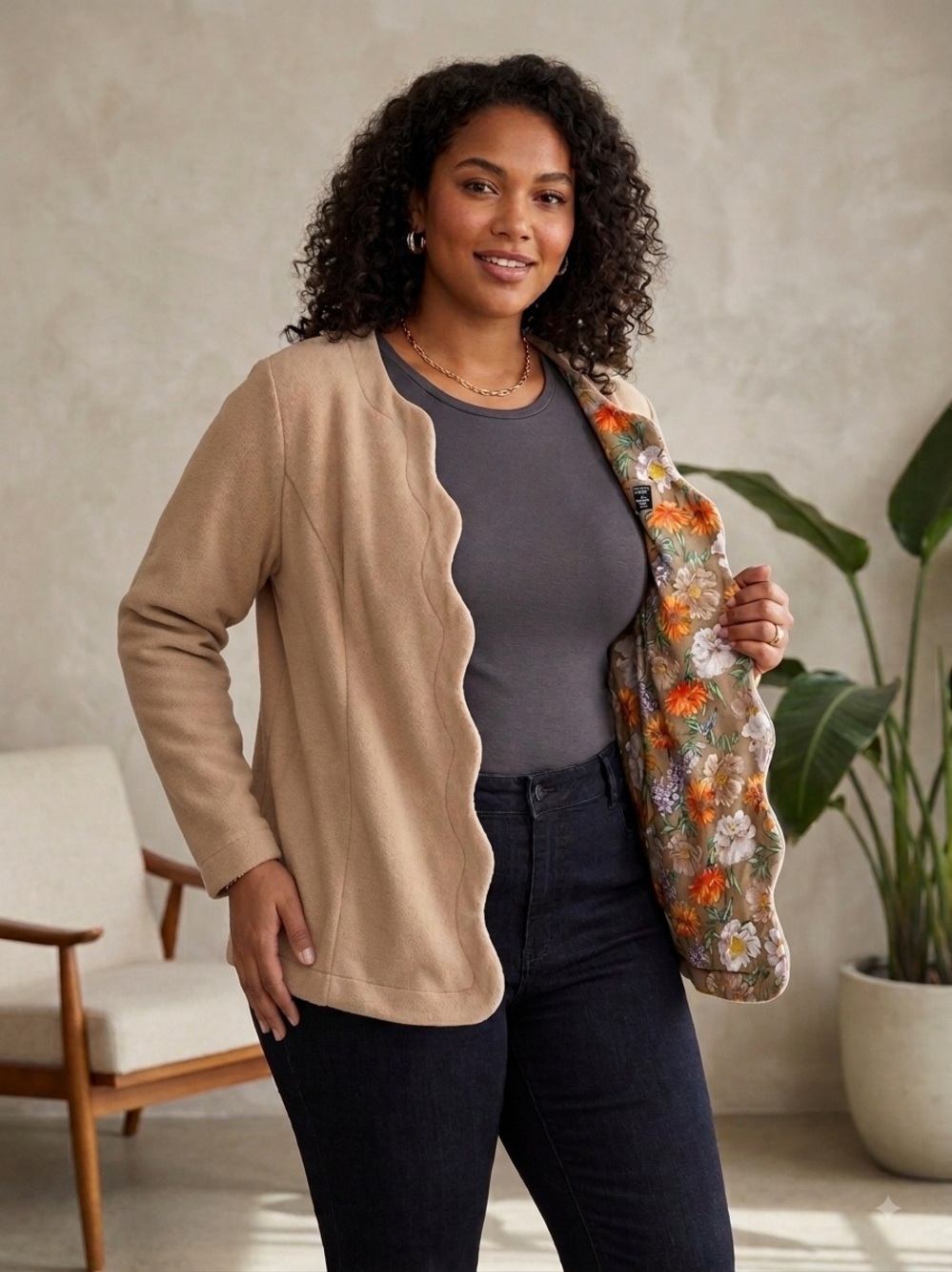 Susan Graver Reversible Teddy Jacket in Taupe with Floral Lining
